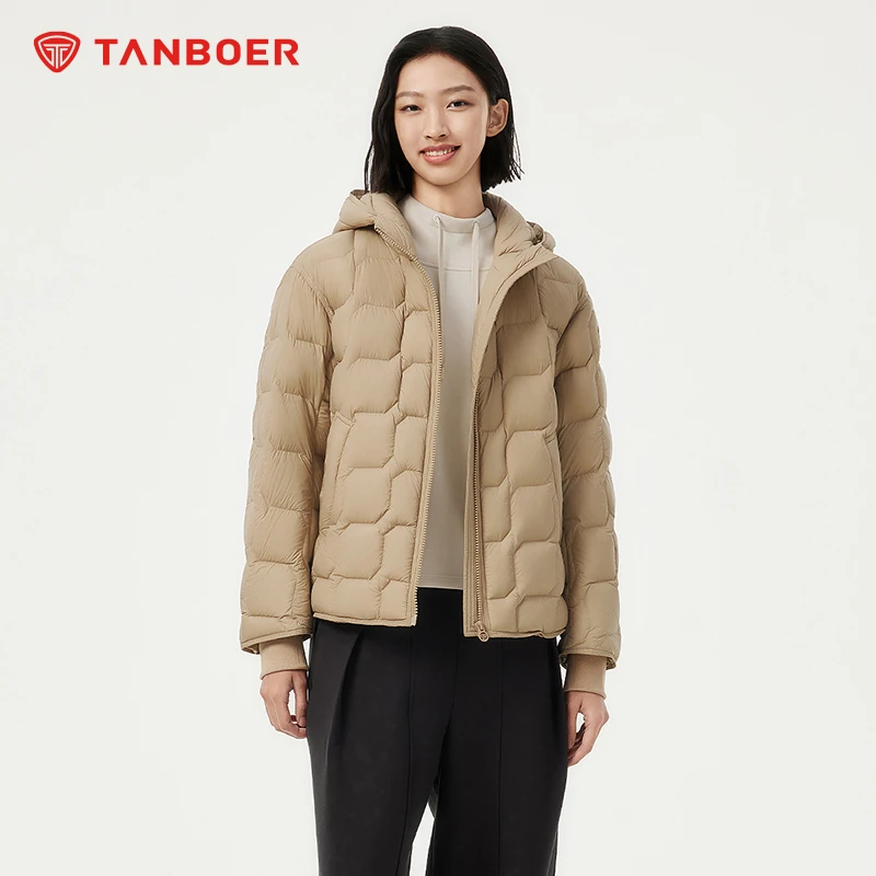 坦博尔2025年短款羽绒服薄款女连帽轻薄菱形格保暖冬季TBF330216Z