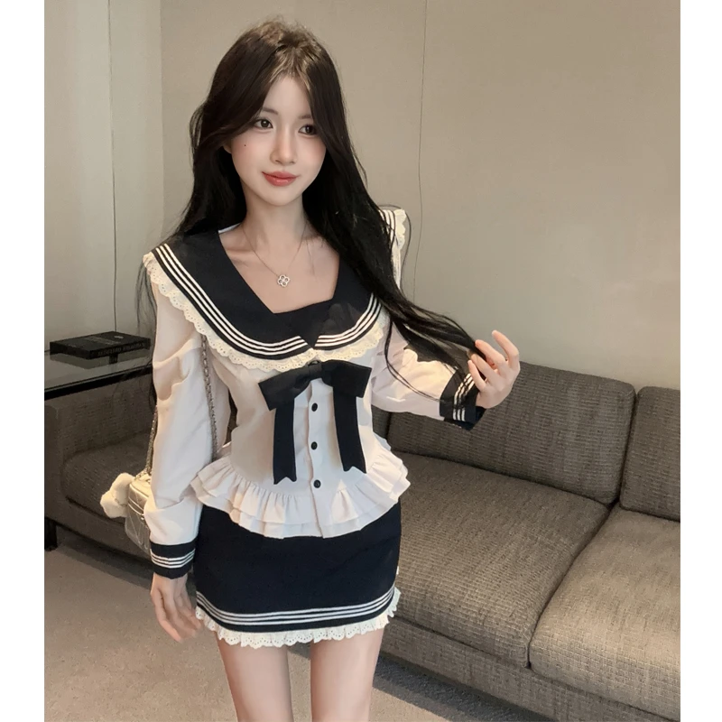 韩系甜美学院风穿搭一整套女海军领收腰长袖衬衫高腰半身裙两件套