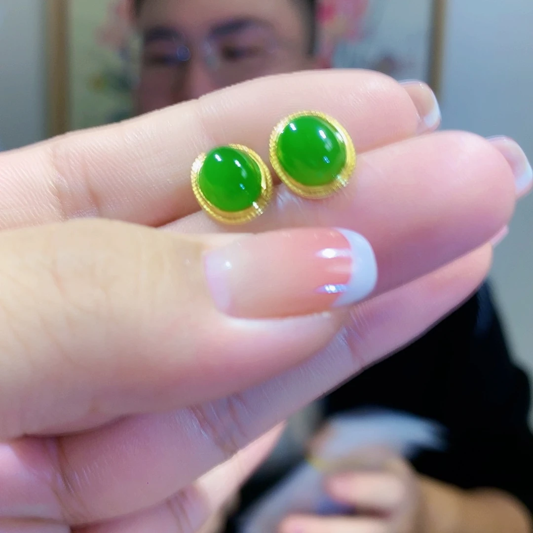 和田玉（碧玉）耳饰银S925镀金镶嵌