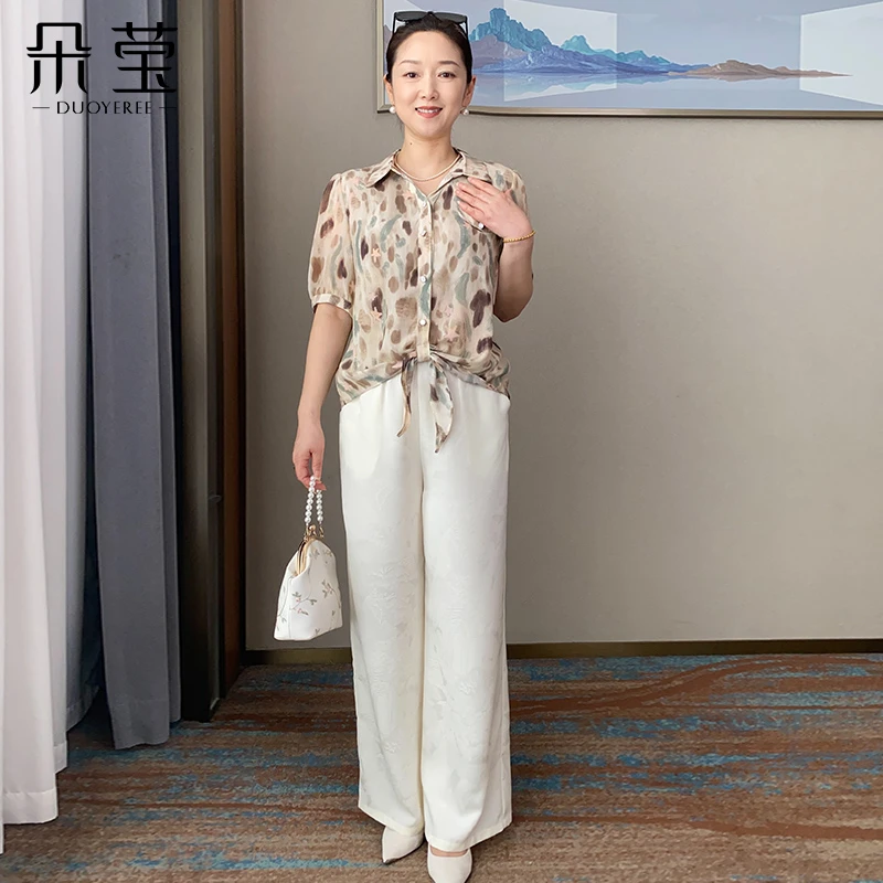 妈妈夏季短袖印花洋气衬衫套装2025新款中年女洋气时尚两件套