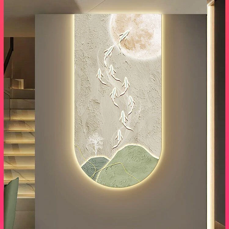 入户玄关装饰画九鱼图好寓意le d灯画高级感壁画过道走廊肌理挂画