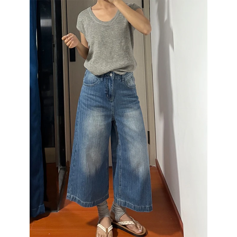 纹理复古设计感八分阔腿牛仔裤女夏季新款冰裂纹宽松小个子直筒裤