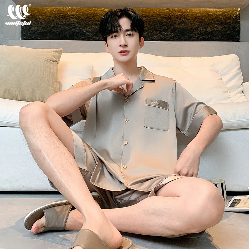 睡衣男士夏季薄款冰丝短袖短裤青少年简约韩版宽松睡衣男夏季冰丝