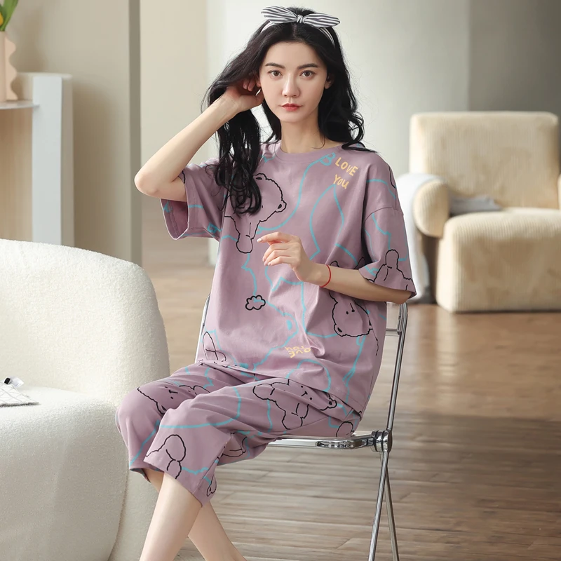 睡衣女士春秋款夏季短袖七分裤薄款纯棉家居服可外穿全棉套装