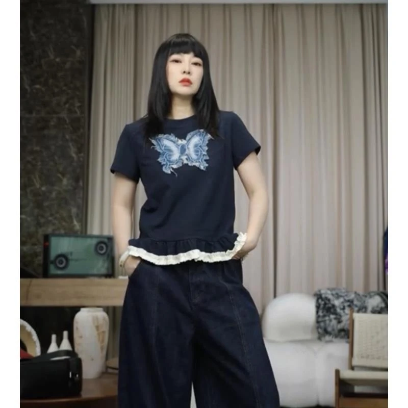 infobyfive福利夏季新款荷叶边下摆蓝色蝴蝶圆领T恤NF0504205