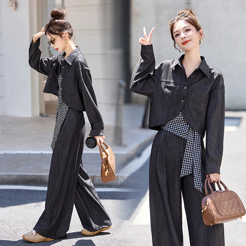休闲时尚方格牛仔套装女2025年春秋新款高腰宽松显瘦阔腿裤三件套