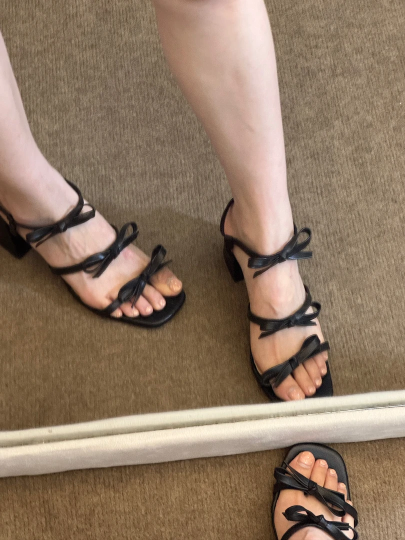 俏皮少女 露趾蝴蝶结方头高跟鞋方跟