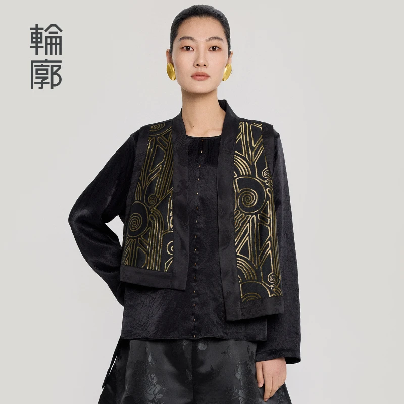 轮廓千秋岁黑金复古提花马甲时尚休闲短款拼接宽松马夹L251Y051