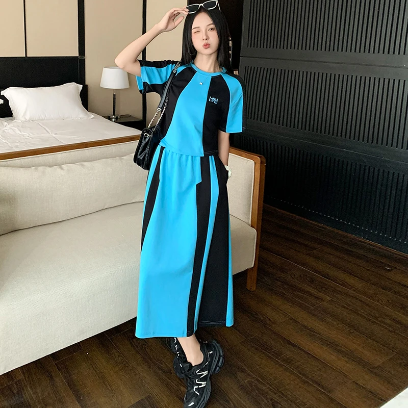 高级感运动套装女2025新款夏季时尚洋气设计感撞色半身裙两件套潮