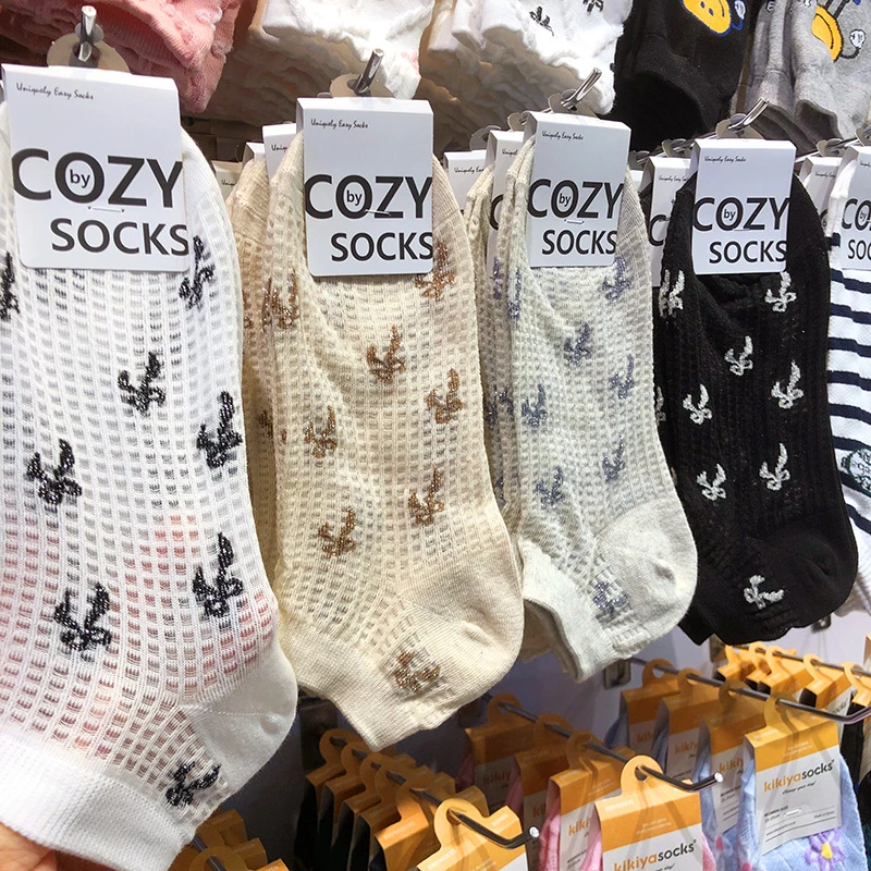韩国COZY春夏新款银葱蝴蝶结少女袜短筒东大门格纹透气网眼薄棉袜