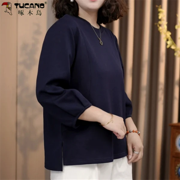 【啄木鳥】25年秋季新款休闲百搭圆领套头7分袖拼接时尚中老年女T恤