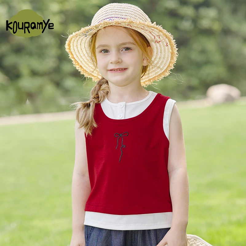 酷娃米2025年夏季亲子新款中小童假两件撞色蝴蝶结吊带20851