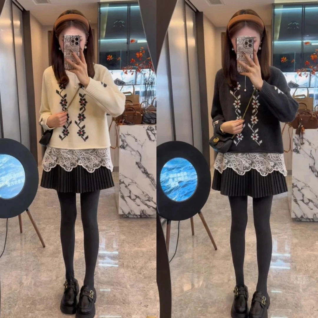 韩系搭配一整套2025开春小香风针织毛衣蕾丝打底衫百褶裙三件套装
