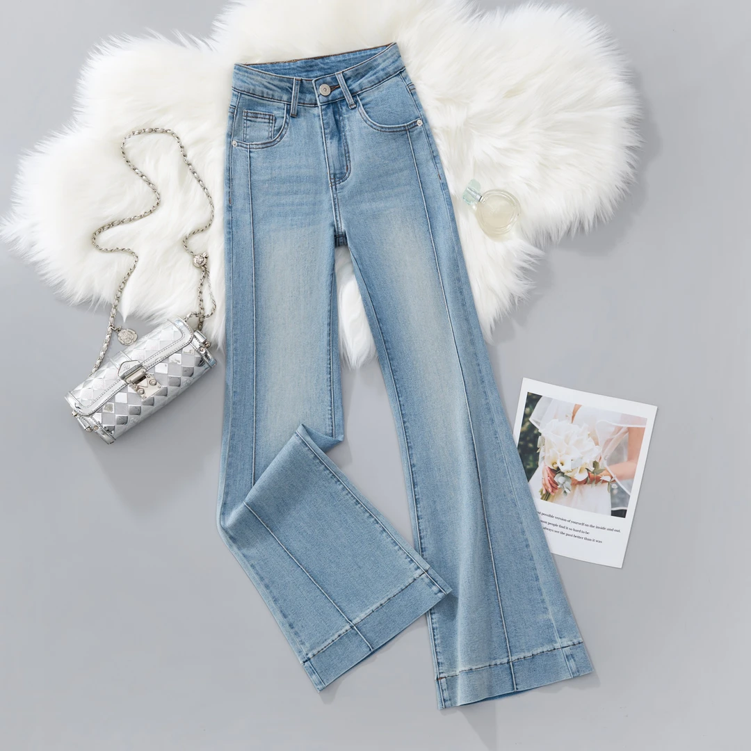 [夏款上新]浅蓝色中高腰时尚百搭显高显瘦窄版微喇牛仔裤1012