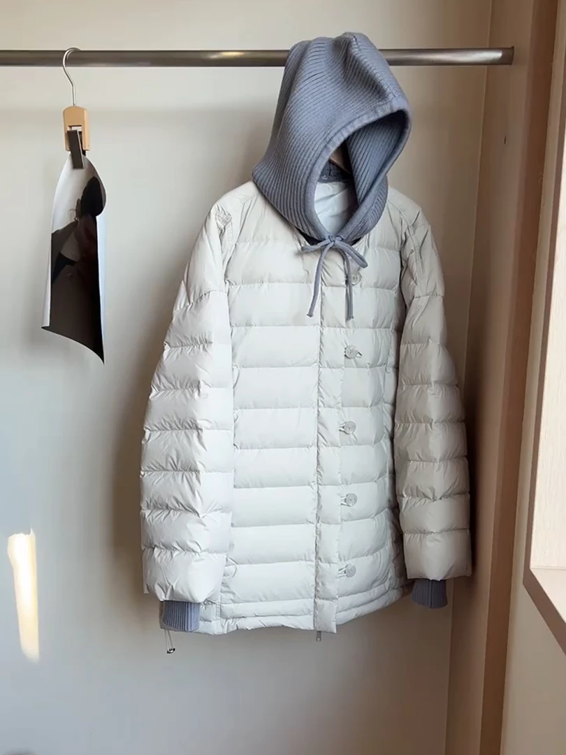 韩版2025新款针织帽领设计中长款棉服女宽松连帽显瘦拼接棉衣外套