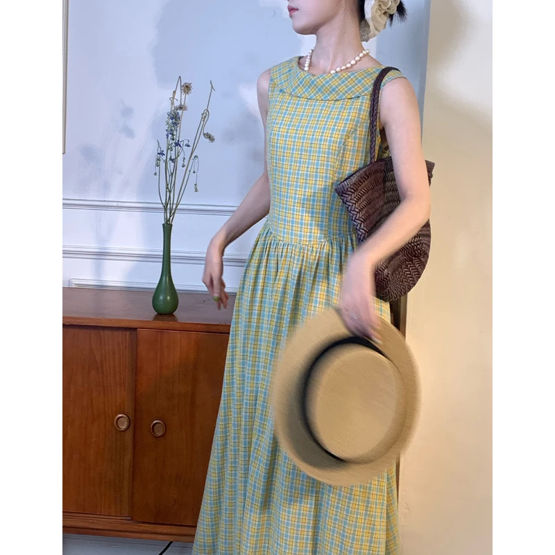 法式复古无袖气质收腰连衣裙女夏季优雅气质长裙07096