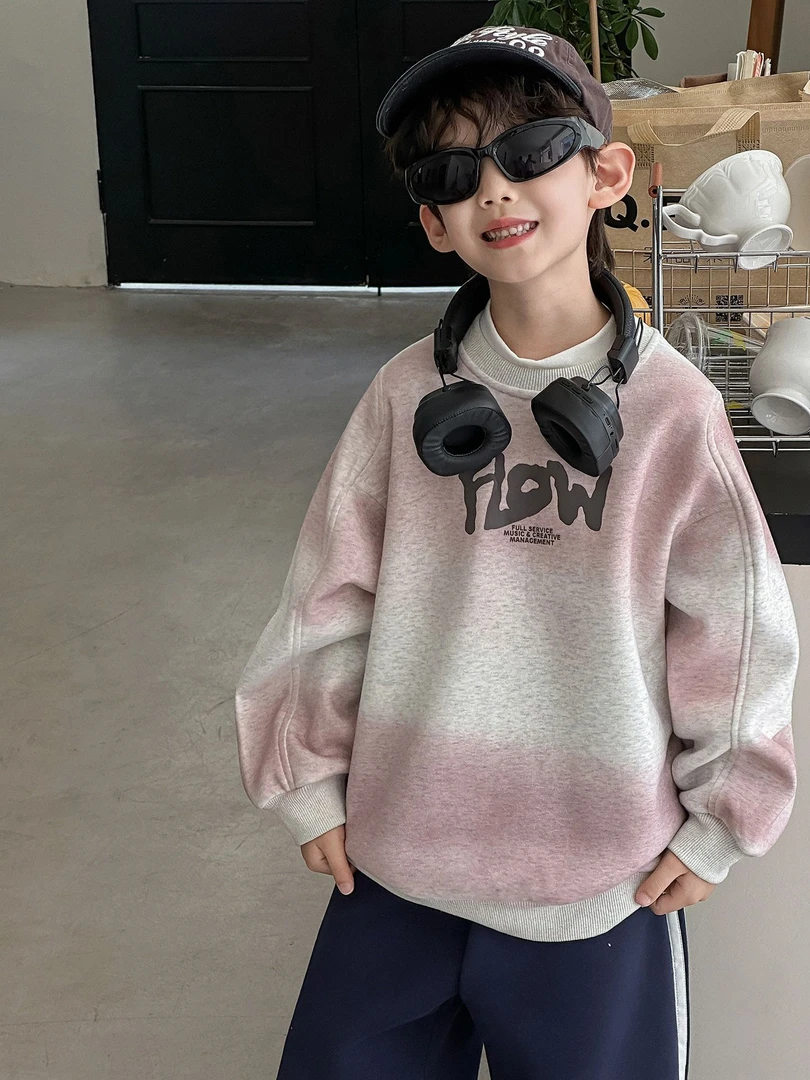 2025秋季新款中大童喷色印花加绒童装秋冬男童宽松落肩卫衣5938