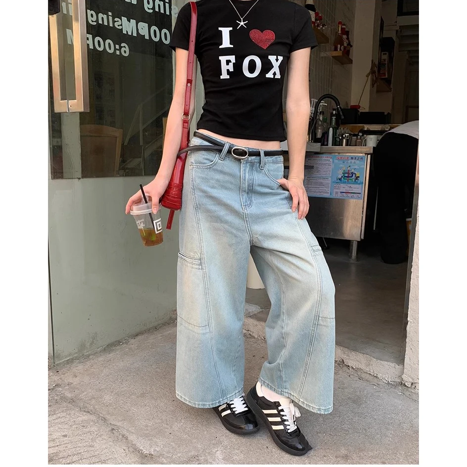2025夏季新款浅蓝色工装牛仔八分裤宽松多口袋设计感水洗阔腿裤