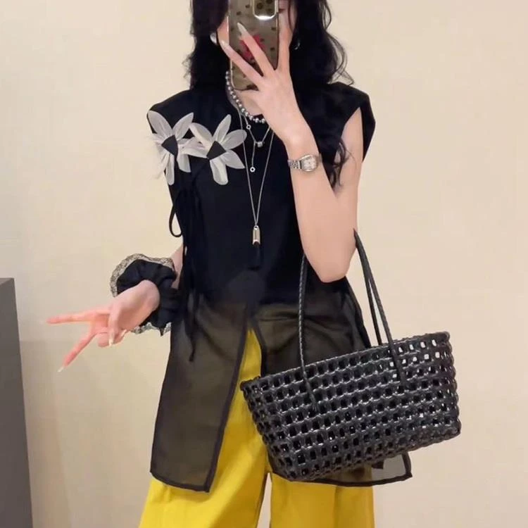 2025夏季新款女士欧货立体花朵拼接网纱短袖T恤宽松显瘦复古上衣