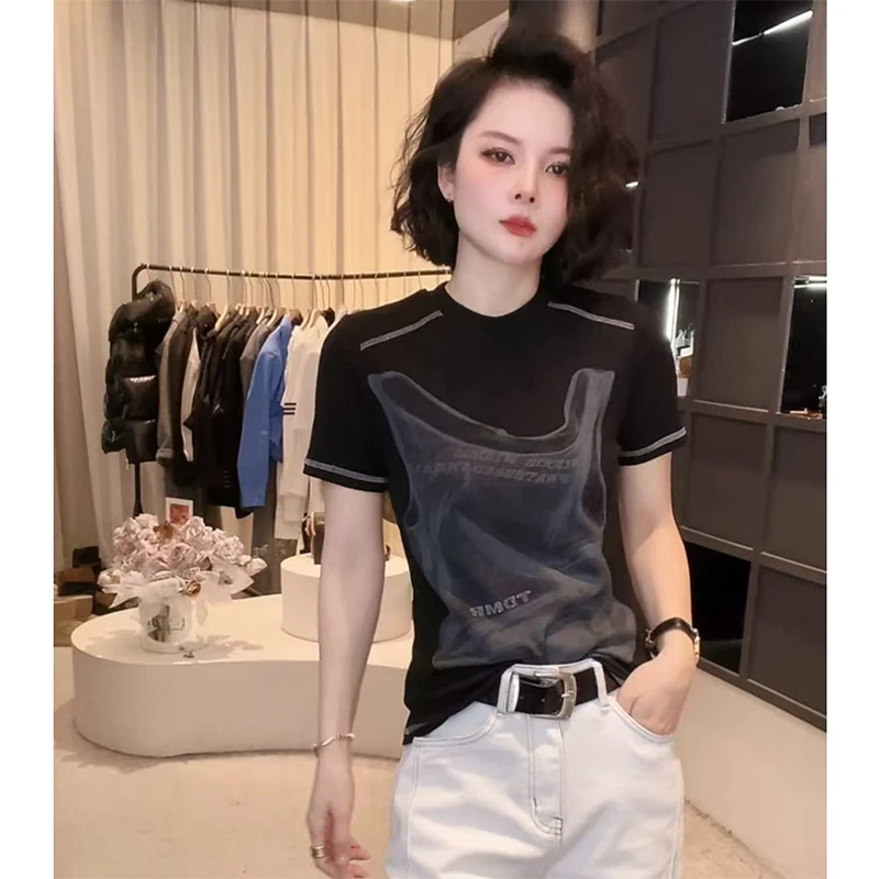 欧货圆领时尚正肩打底短袖T恤女夏季2025新款小个子休闲显瘦上衣