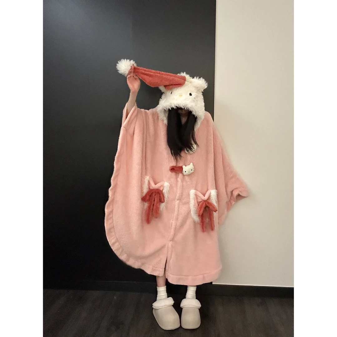 甜美粉色魔法帽凯蒂猫少女斗篷睡衣女秋冬款加厚珊瑚绒家居服外穿