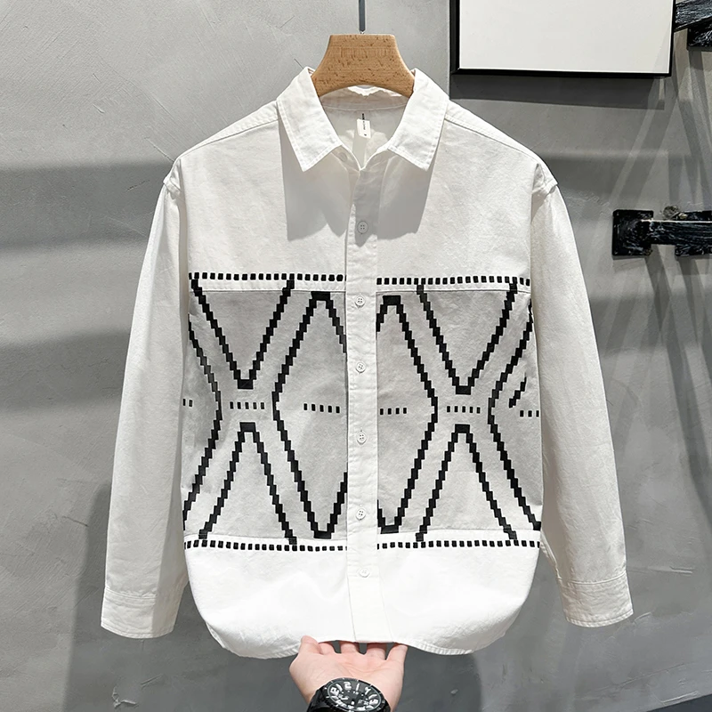 设计感衬衫男士日系拼色条纹工装外套初秋休闲时尚纯棉长袖衬衣寸