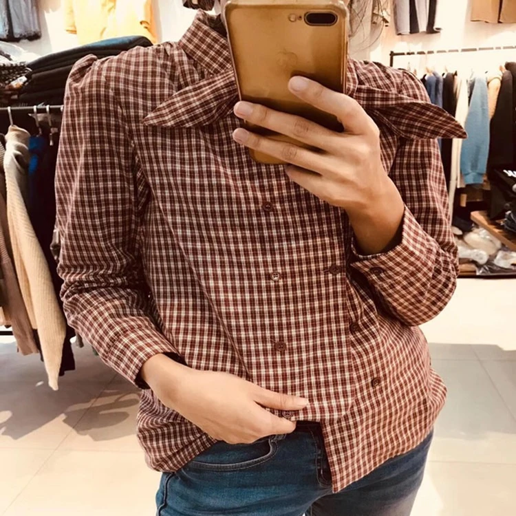 韩国东大门新款兔耳朵双排扣减龄复古格子衬衫