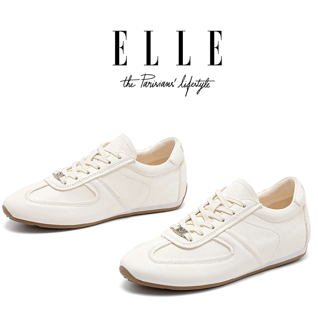 ELLE真皮芭蕾风德训鞋女款内增高复古休闲运动跑步女鞋厚底平底鞋