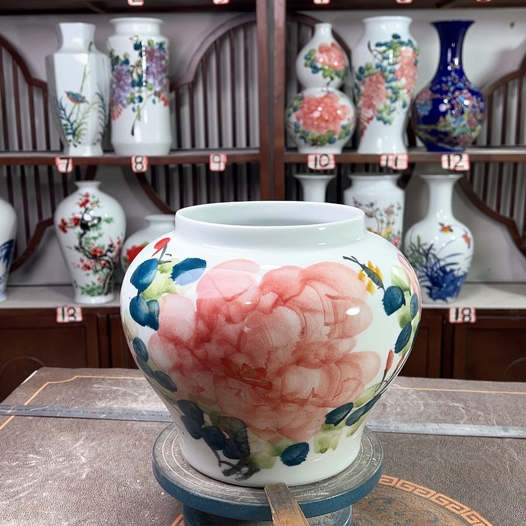 摆件陶景德镇陶瓷大口红牡花