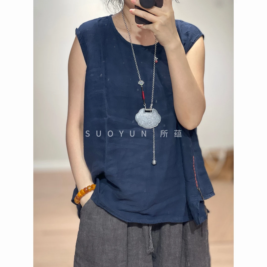 2025所蕴秋季新款复古个性宽松休闲简约减龄圆领休闲百搭亚麻背心