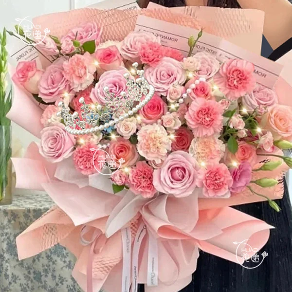 【甜蜜爱意❤】9枝粉雪山玫瑰鲜花混搭康乃馨送朋友闺蜜女友送妈妈生日礼物冬日小时达同城鲜花订购