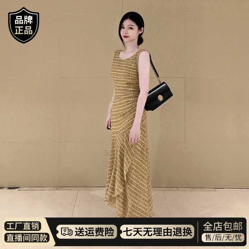 黄色格纹无袖背心连衣裙子女夏2025新款独特漂亮气质绝美爆款长裙