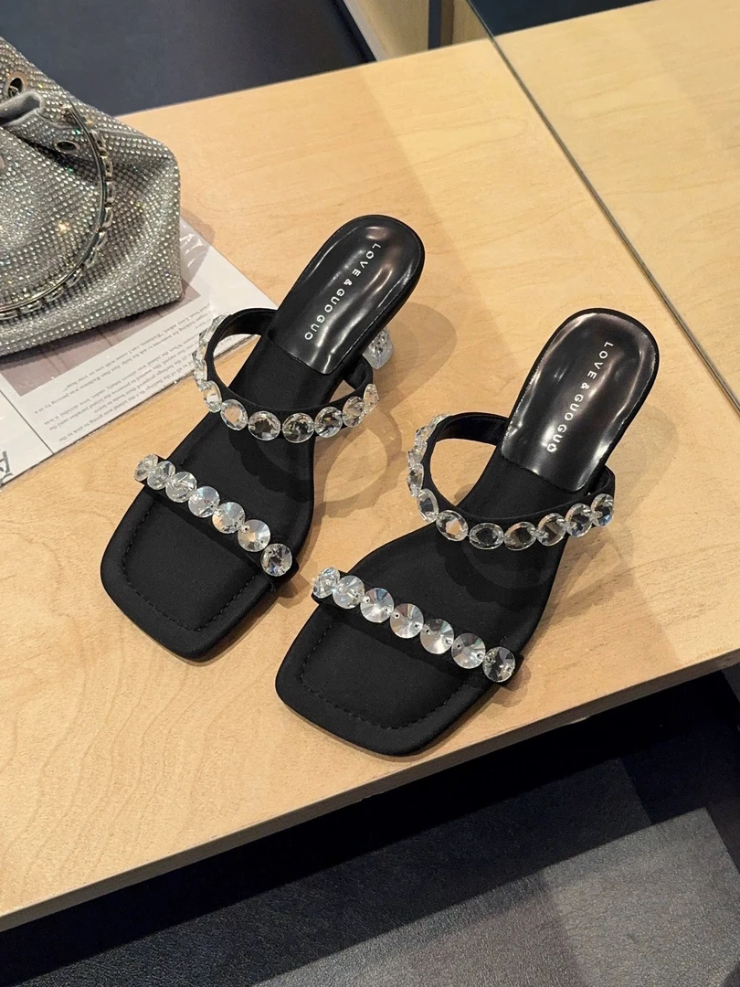 夏季韩版水钻方头细跟高跟鞋女外穿时尚一字带凉鞋时尚拖8230-1