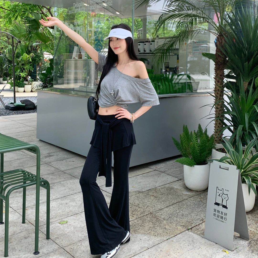 辣妹假两件绑带叠穿遮胯微喇裤女夏季休闲裤设计感垂直微喇叭裤