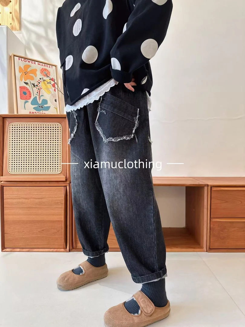 夏沐家个性毛边大兜洋气休闲牛仔裤9931