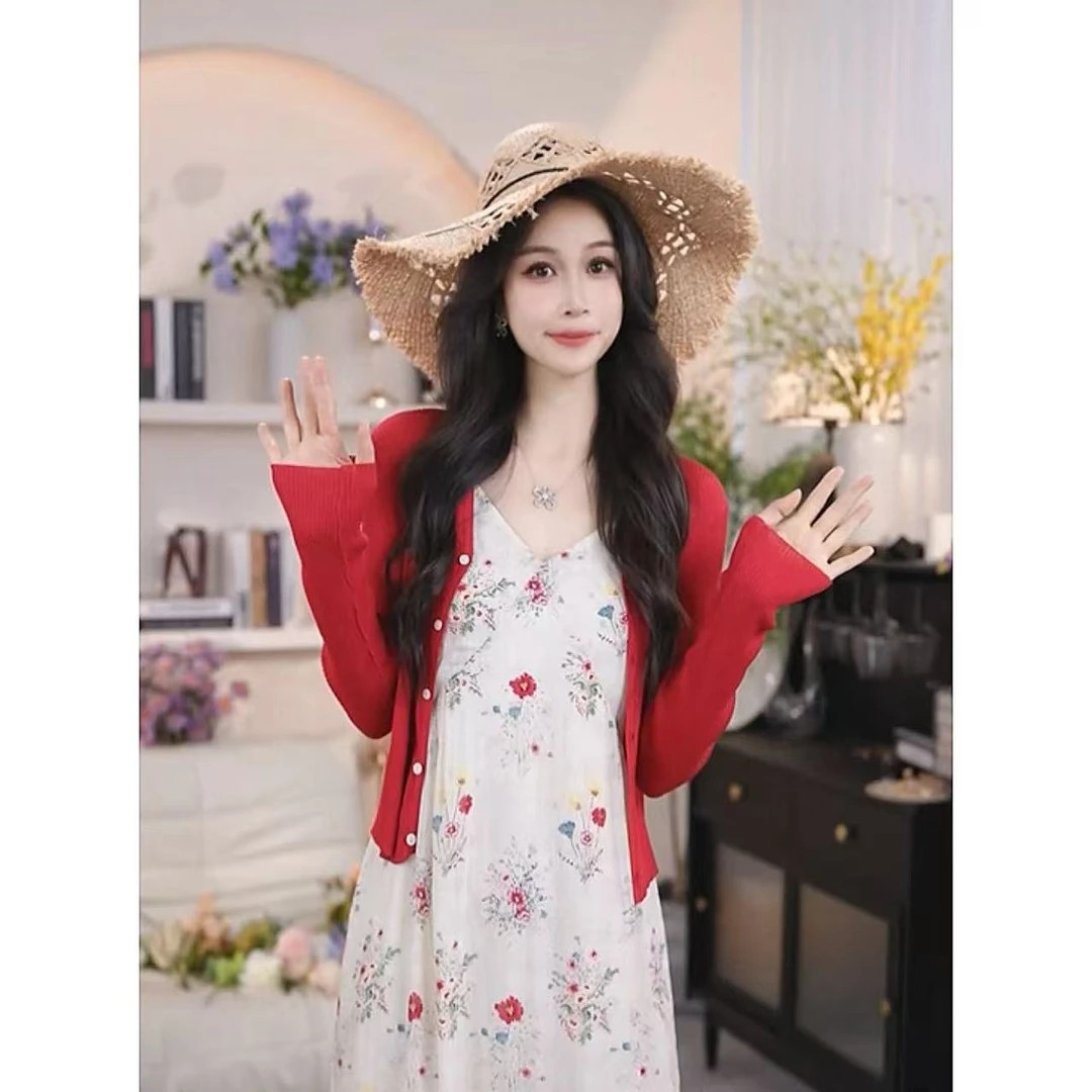 夏蝶妮樱桃红外搭小开衫修身设计显瘦复古长袖夏外套针织上衣1382