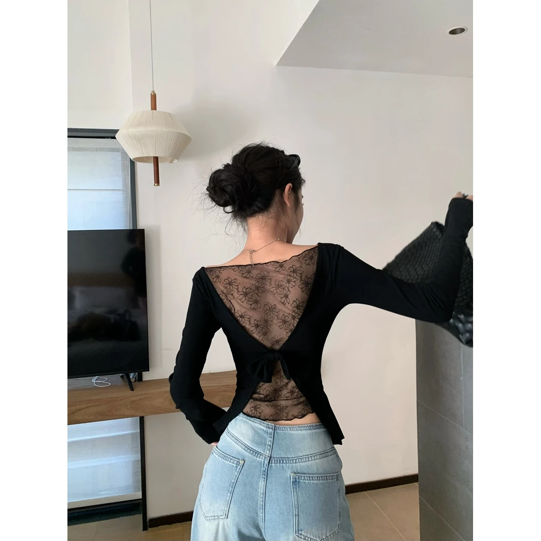 蝴蝶结蕾丝拼接长袖T恤秋冬季设计感修身纯欲风露肩女士气质上衣
