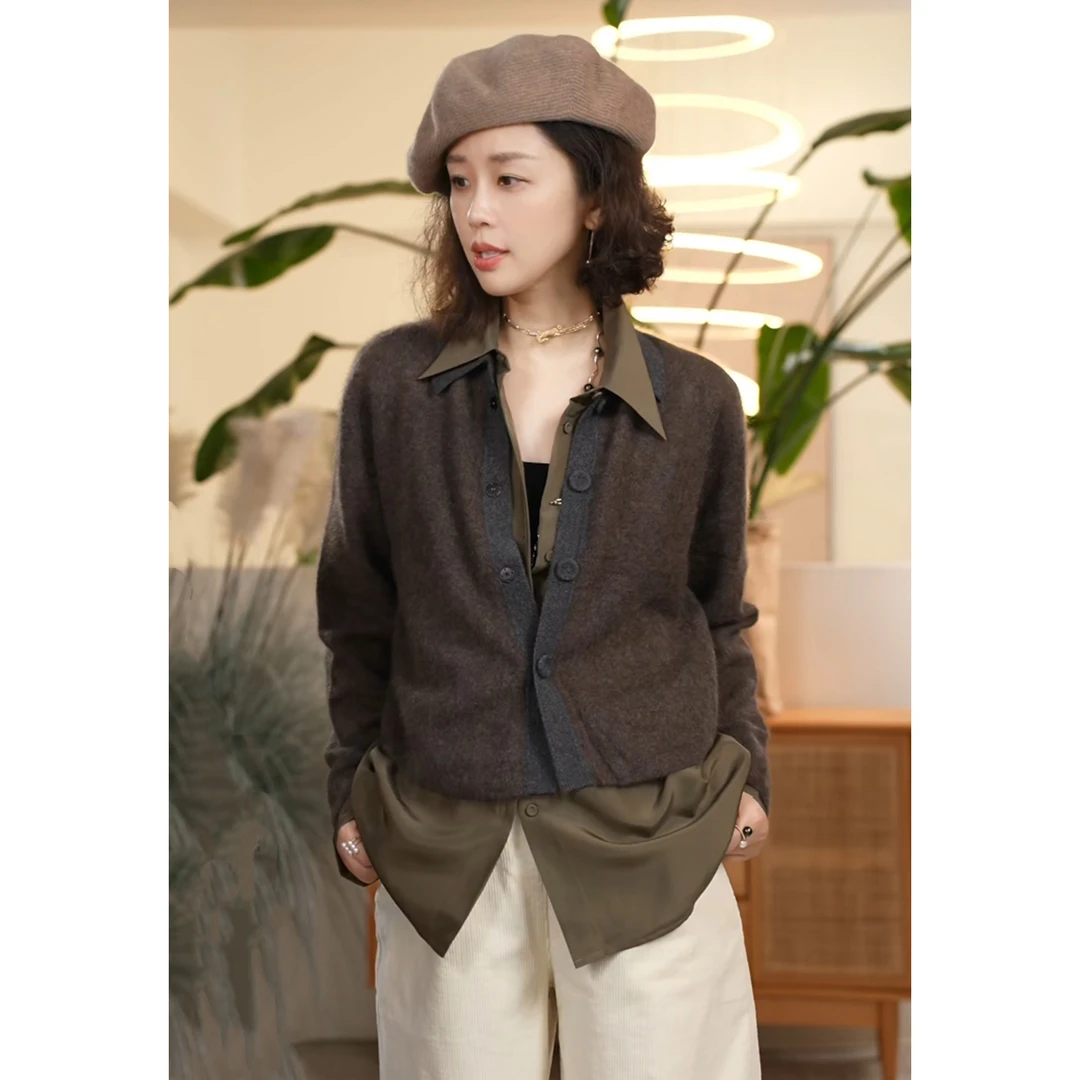 Y【叭哒不惑】 自写 山羊绒拉绒翻领简约针织衫女气质高级上衣