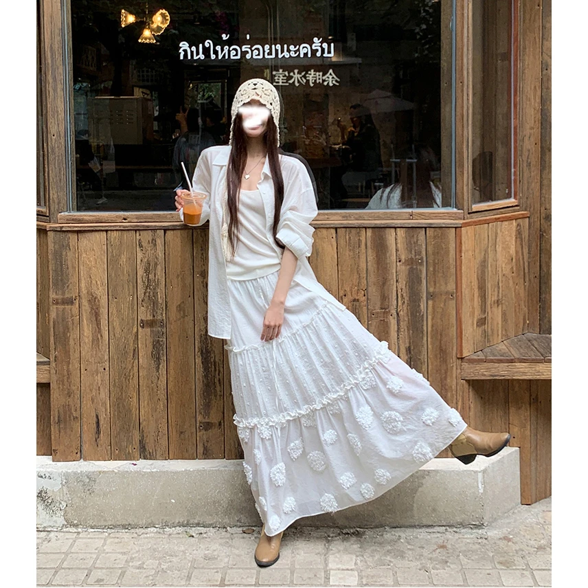白色衬衫外套法式上衣气质防晒衫蕾丝温柔风衬衣+法式蛋糕裙套装