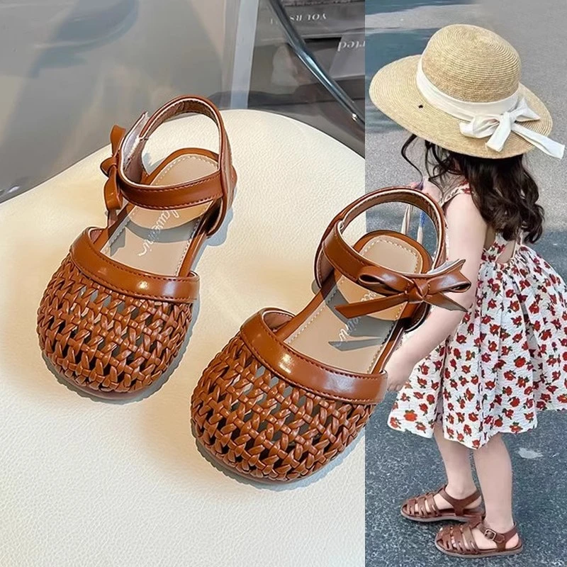 ABC女童鞋子儿童包头编织凉鞋2025新款夏季罗马鞋儿童软底公主鞋