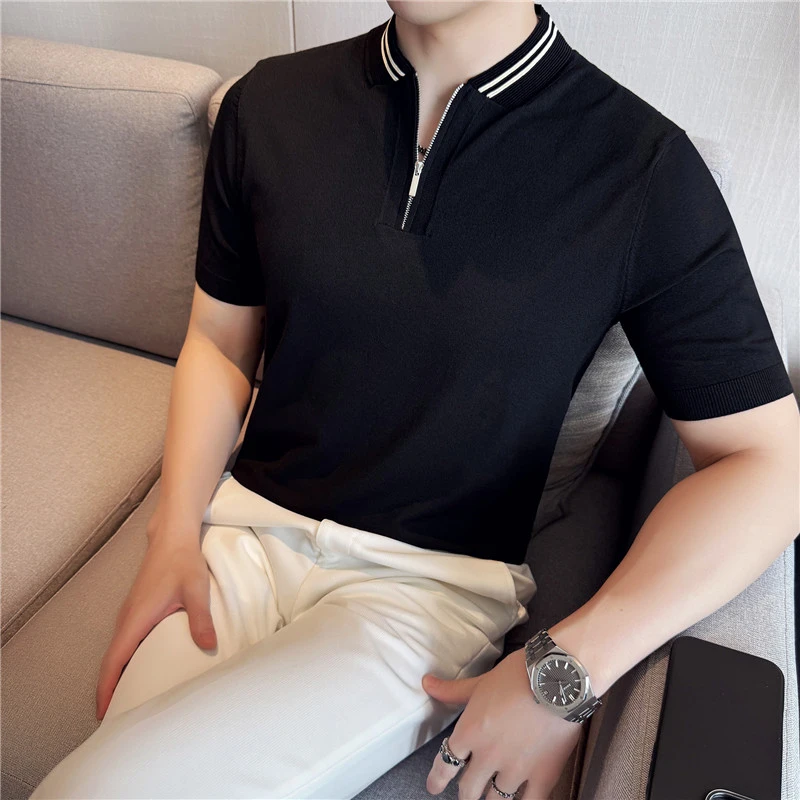 【天丝莱赛尔】条纹拼色冰丝薄款男士针织POLO衫短袖T恤黑色精致风