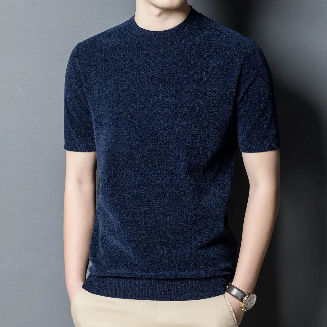 雪尼尔秋冬款打底针织毛衣半袖男保暖短袖半高领