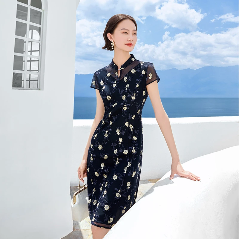 娜尔思时尚刺绣碎花立领A字连衣裙女25夏季新款NF08900M8