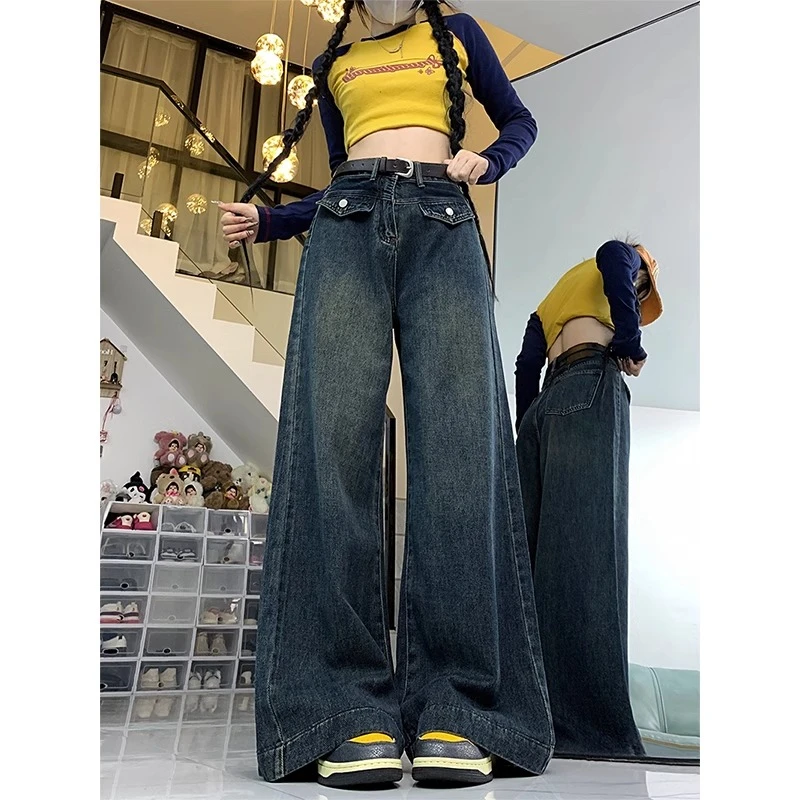 大码美式复古宽松阔腿牛仔裤女2025新款垂感显瘦高腰直筒拖地裤子