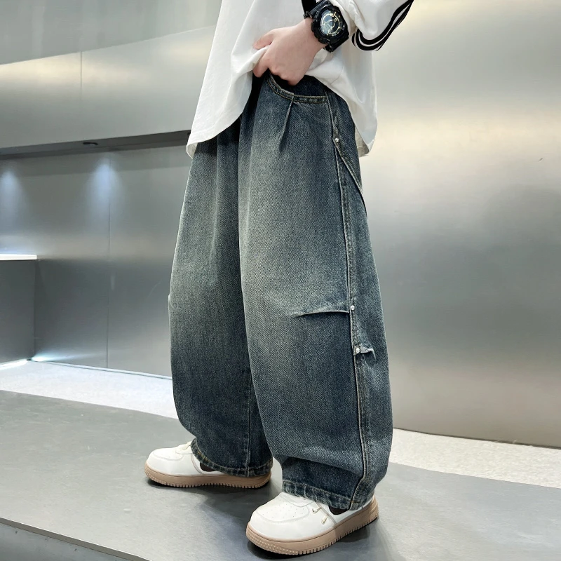 男童秋季新款牛仔裤2025儿童宽松阔腿中大童男孩港风做旧复古长裤