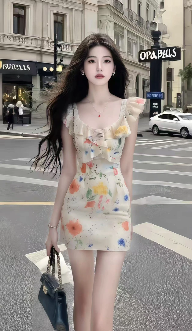 温柔纯欲风杏色碎花U领修身飞飞袖收腰包臀连衣裙女小众高级女装