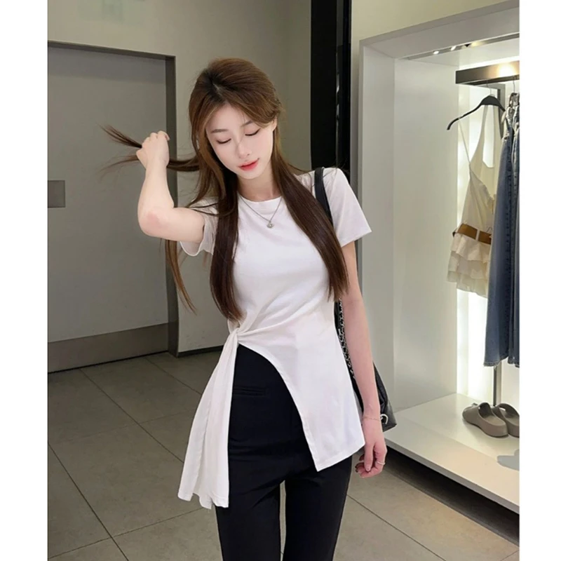 不规则侧开叉下摆高级感无袖t恤衫女生显瘦潮流气质修身短袖上衣