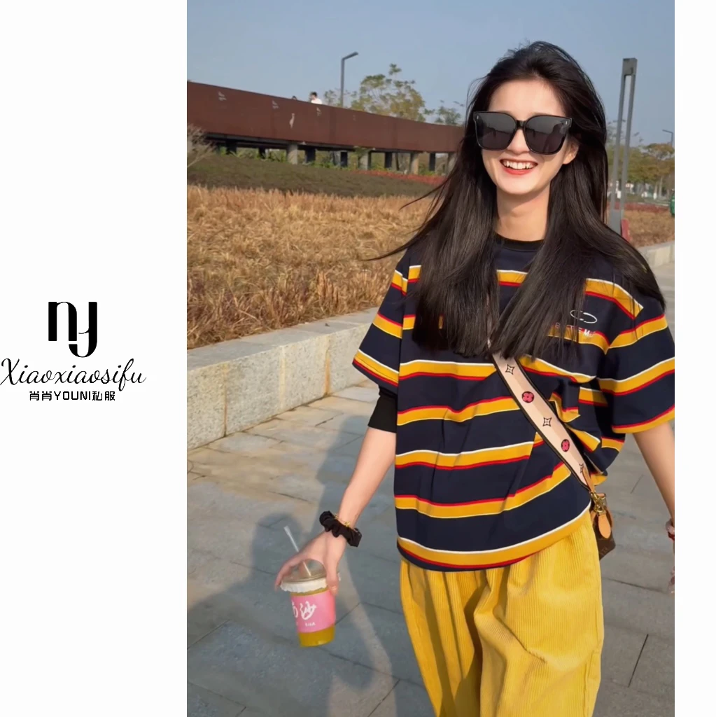 肖肖家-日落限定 美式假两件复古条纹短袖t恤新春季条纹设计