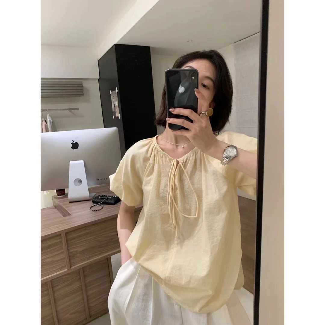 小个子穿搭夏季韩版绑带设计感花苞袖宽松别致宽松气质衬衫上衣