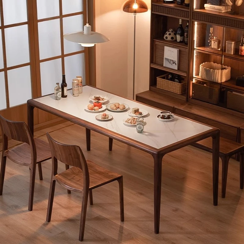 北欧轻奢北美黑胡桃木实木岩板餐桌现代简约家用长方形饭桌椅组合